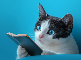 A curious cat reading a small book against a bright blue background during daytime