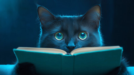 A curious black cat reading a book in a dimly lit room during the evening hours