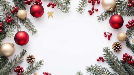 Festive Christmas Frame with Red and Gold Ornaments, Pine Leaves, and Berries