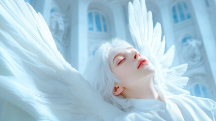 Naklejka premium A serene moment of a figure with angelic wings, set in a bright, ethereal location during daylight