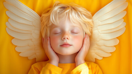 A peaceful child resting on a bright yellow background with angel wings around their head
