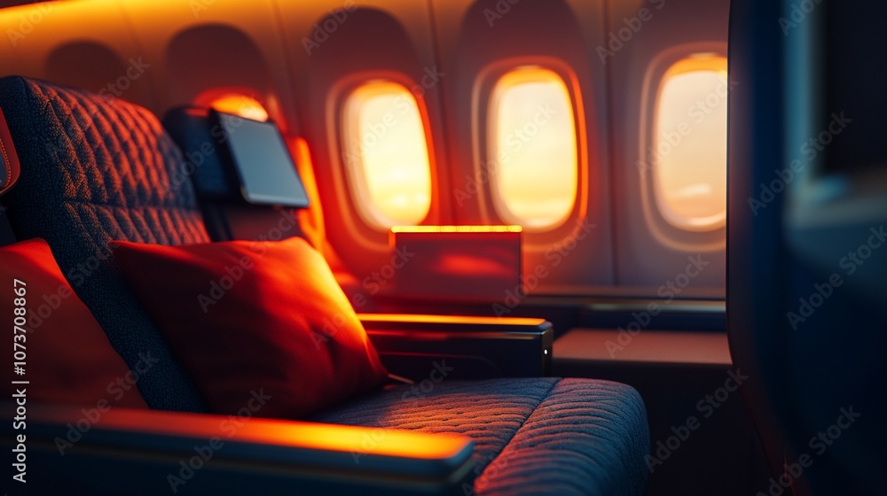 Poster empty airplane seats with warm sunset light shining through the windows.
