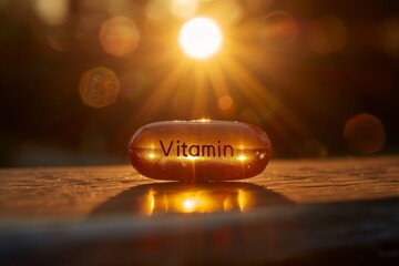 Vitamin capsule sits on a wooden surface, backlit by a glowing sunset. Concept of health and vitality. For supplement promotions.