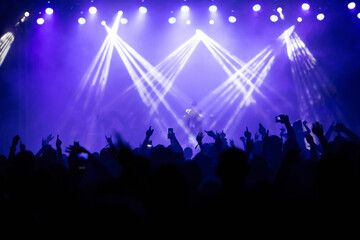 Crowd at concert and colorful stage lights.
