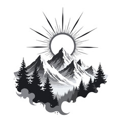 Majestic mountainscape with radiant sun and serene forest.