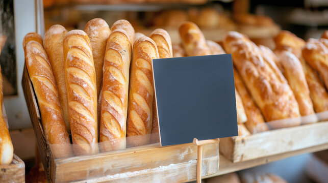 Freshly baked artisan bread displayed in a local bakery with a blank sign for pricing