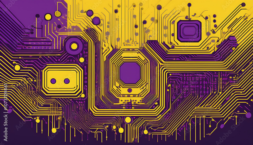 Poster computer circuit board with intricate chip patterns set against a vibrant yellow and violet_1(422)