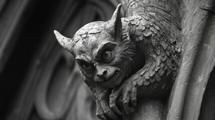 Gothic Gargoyle Close-Up - Stone Statue Details, Medieval Architecture Element