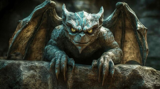 Fierce Gargoyle with Wings - Mythical Statue, Gothic Architecture Guardian