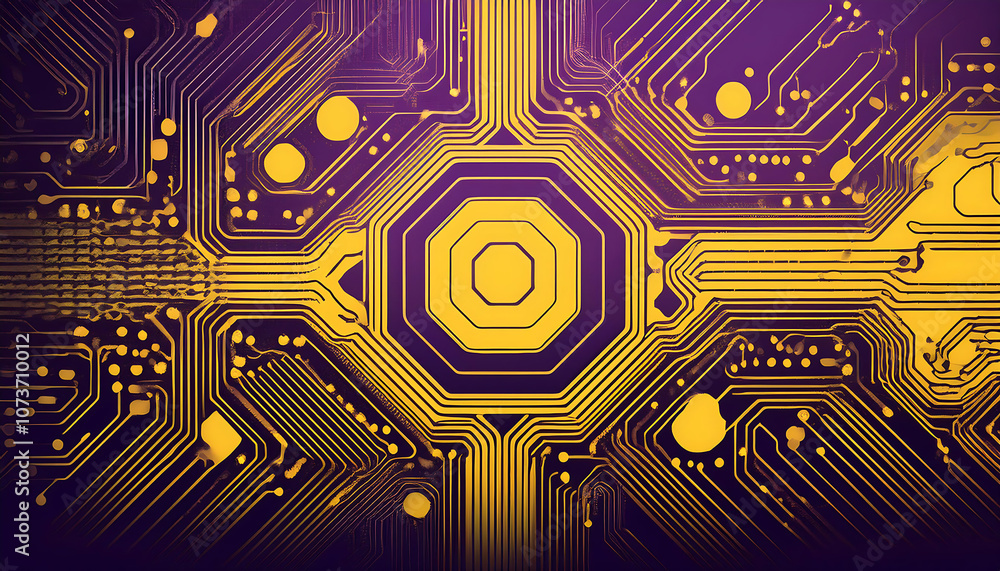 Poster  Computer circuit board with intricate chip patterns set against a vibrant yellow and vi_1(425)
