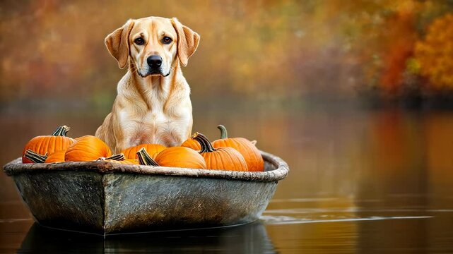 A dog sits in a boat full of pumpkins, floating on a still lake