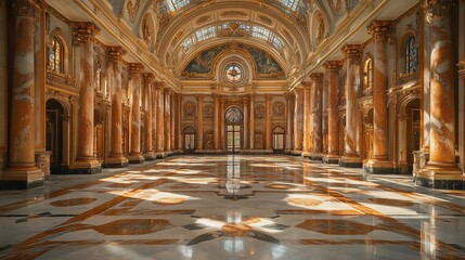 Obraz premium An empty grand hall with marble floors and ornate columns, sunlight streaming in.