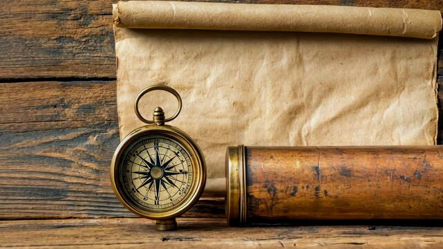 A compass, a rolled-up scroll, and a brass tube rest on a wooden surface