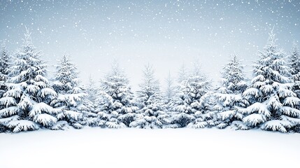 Serene winter landscape with snow-covered pine trees and falling snowflakes