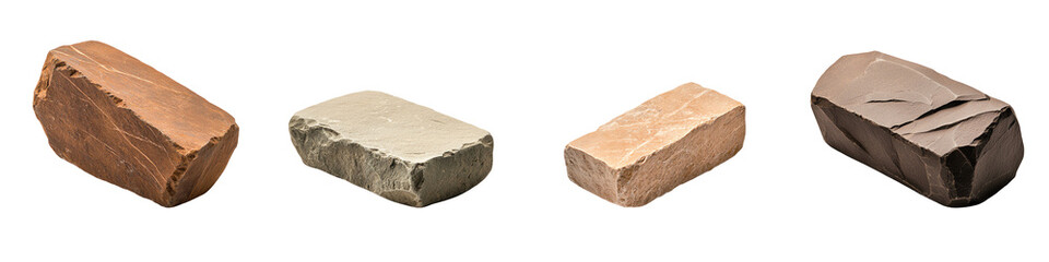 Various bricks displayed on a white isolated background, showcasing different textures and colors. transparent background