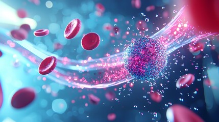 A vibrant, digital illustration showing red blood cells flowing around a colorful, glowing particle, representing elements of biology and microscopic interactions.