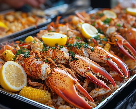A Close-Up View of a Lavish Seafood Boil Dish Featuring an Abundance of Fresh Seafood for Culinary Enthusiasts and Food Lovers