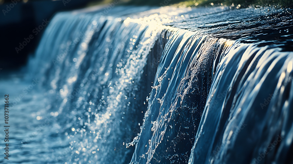 Poster a close-up of water trickling down the face of the dam, with small streams forming intricate pattern