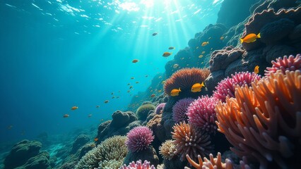 Obraz premium A beautiful coral reef with many fish swimming around