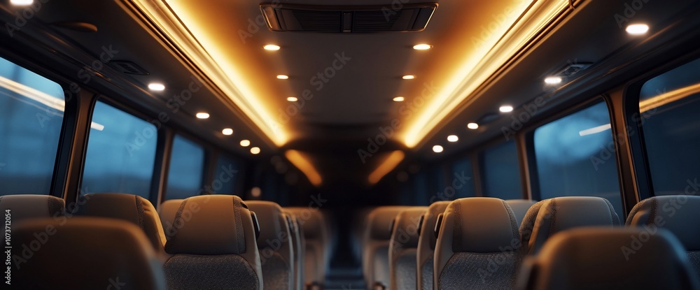 Poster Empty bus seats with overhead lights and windows.