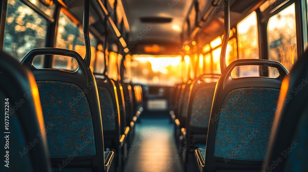 Poster Empty bus seats with sunset light streaming through the windows.