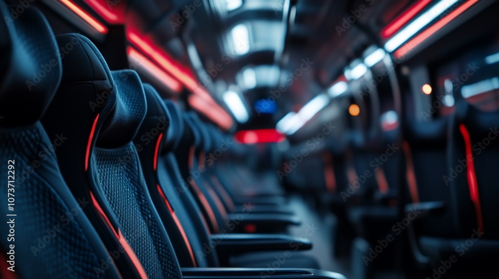 Poster Empty bus seats with red lights creating a moody atmosphere.