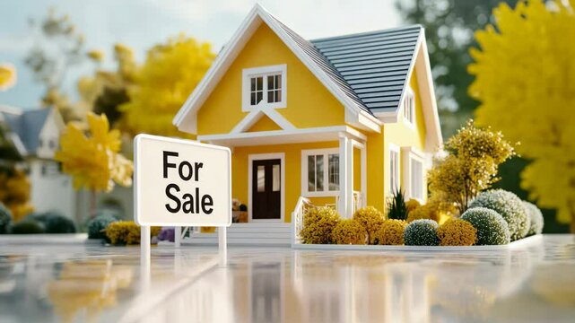 Miniature house with a for sale sign showcases changing lighting conditions, highlighting its charming features and inviting appeal