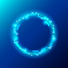 A glowing circular futuristic design on a blue background. The circle features interconnected angular shapes with small bright spots, exuding a techy, sci-fi aesthetic. Vector illustration