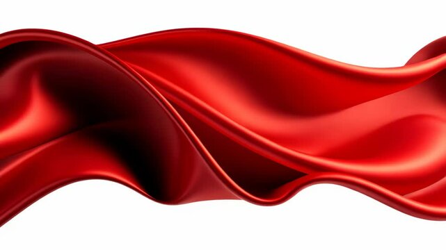 A red satin fabric flows gracefully through the air, creating a beautiful wave pattern against a white background