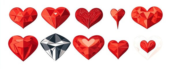 A collection of red and black crystal heart shapes, showcasing various styles and designs, perfect for expressing love and affection.