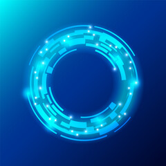 A glowing circular futuristic design on a blue background. The circle features interconnected angular shapes with small bright spots, exuding a techy, sci-fi aesthetic. Vector illustration
