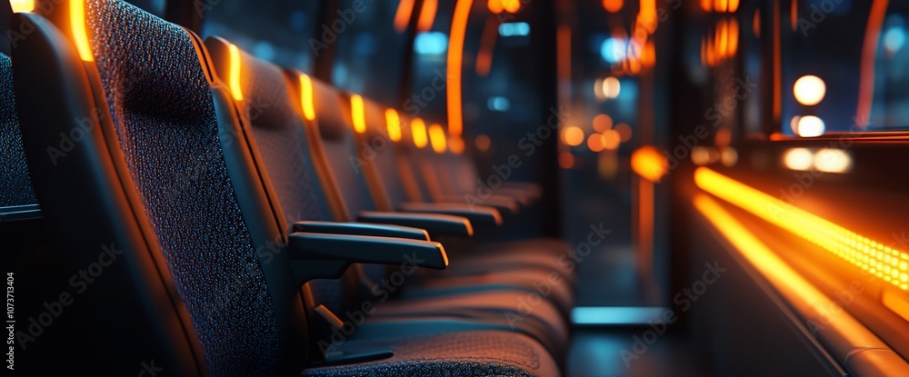 Poster empty seats in a modern bus with warm orange lighting.