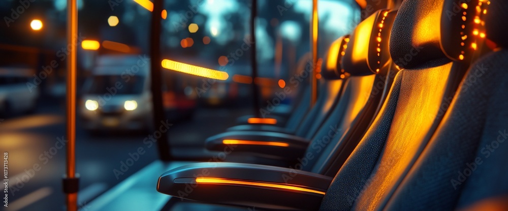 Poster Empty Seats on a Bus at Night.  The bus is stopped at a bus stop with other buses in the background.  The interior of the bus is lit with warm, yellow lights.