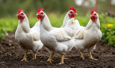 Fototapeta premium Four white chickens standing on a patch of dirt in a green field.