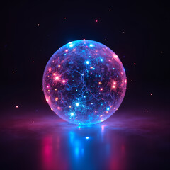 A luminous sphere, pulsating with vibrant pink and blue light, rests on a reflective surface.