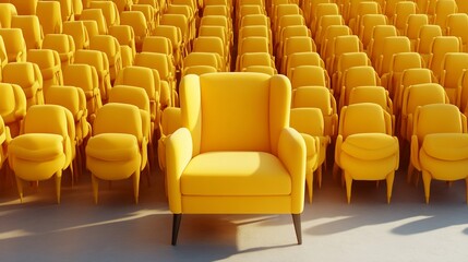 Fototapeta premium Single yellow armchair stands out from a crowd of similar chairs.
