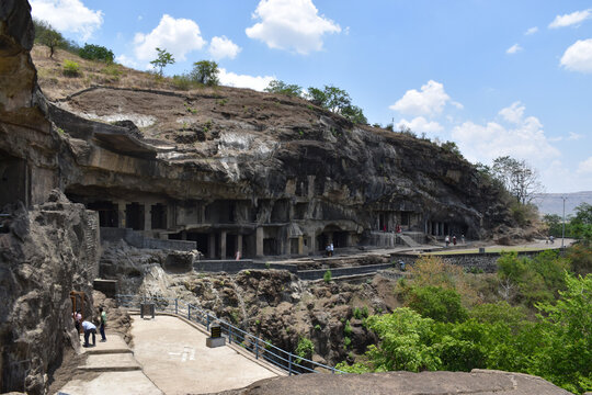 Aurangabad, Maharashtra (India) : May 17, 2023 - Panoramic view of Ellora caves