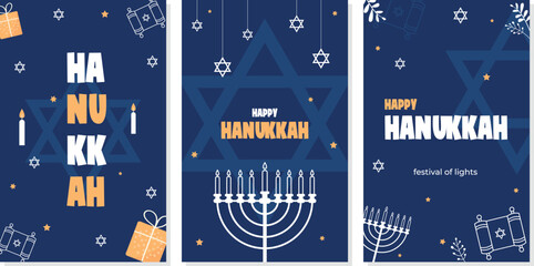 Happy Hanukkah Jewish Holiday Social Media Post Template.Hanukkah background with holiday candles and David stars. Modern paper cut design for Jewish Festival of light. Place for your text