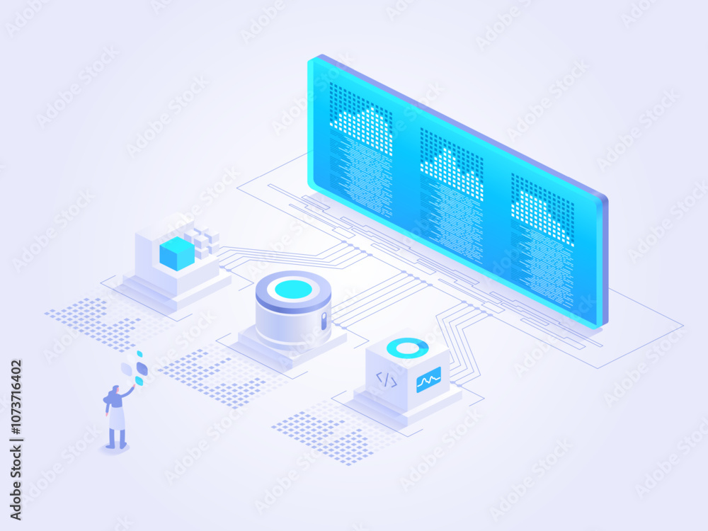 Poster illustration of data analysis with ai and machine learning. featuring servers, graphs, and a person 