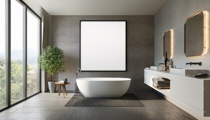 Blank poster mockup in modern bathroom with bathtub and large window. 3D Rendering
