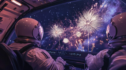 Space-Themed New Year's Eve Countdown on Futuristic Spaceship with Cosmic Fireworks