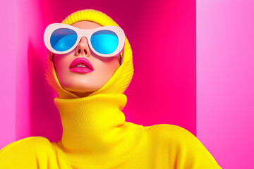 Fashion model showcases vibrant yellow sweater and oversized sunglasses against a pink backdrop