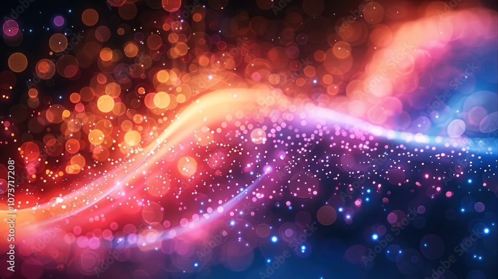 Poster colorful bokeh lights, abstract background with technical elements.