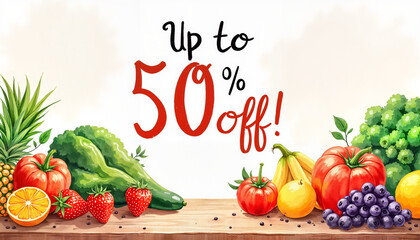 Colorful fruit and vegetable display with a promotional sale banner