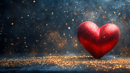 Fototapeta premium Red glitter heart surrounded by golden sparkles in romantic dark atmosphere