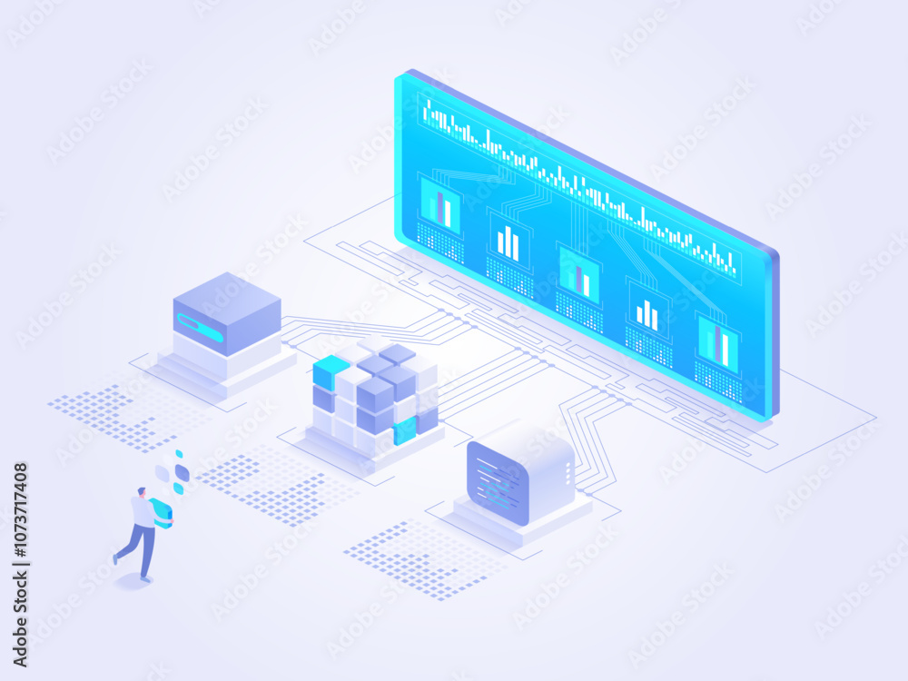 Poster illustration of data processing and analysis with modern technology. featuring servers, data cubes, 