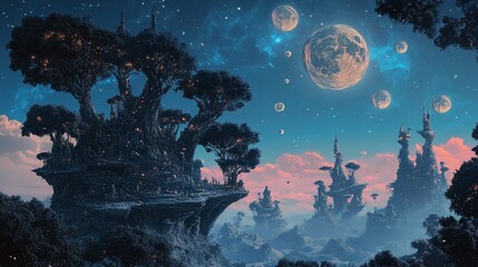 Naklejka premium A fantasy landscape with glowing towers and a moonlit sky.