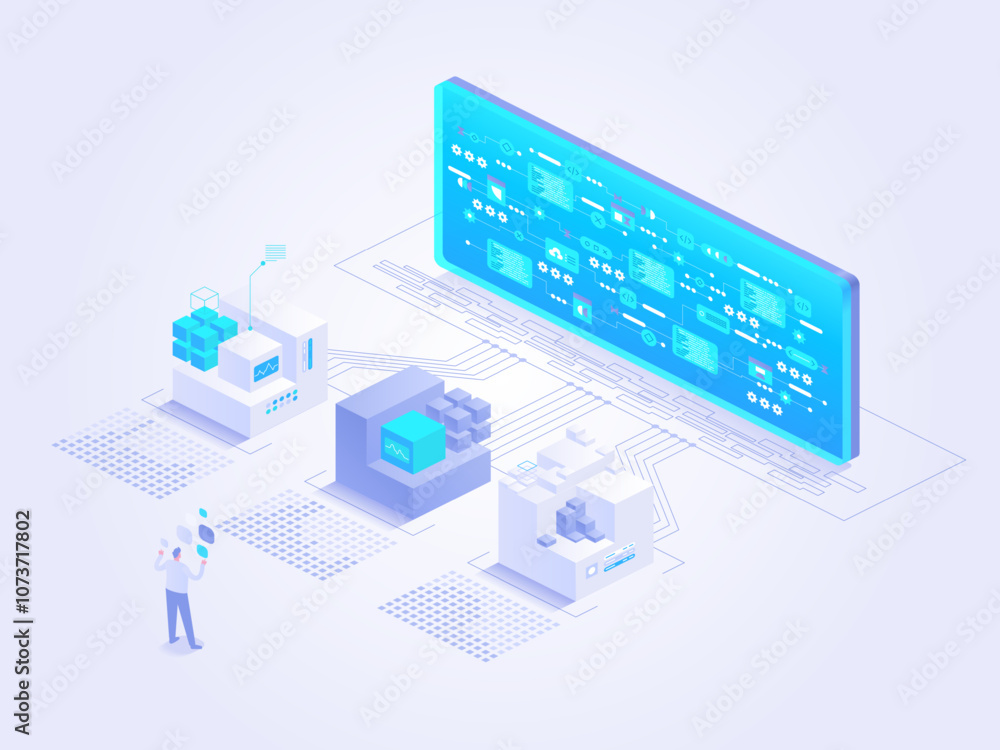 Poster vector illustration of data processing with ai and machine learning. foreground features servers and