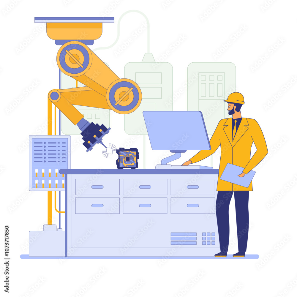 Poster a worker in a yellow hard hat operates a robotic arm in an industrial setting. the robotic arm is ha