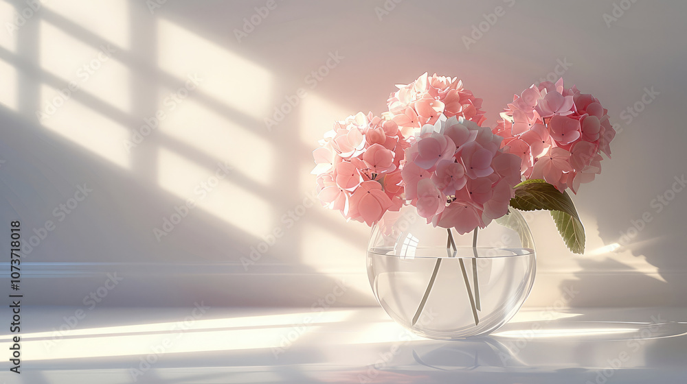 Poster sun-ray illuminate a transparent vase with pink hydrangeas on a white background.